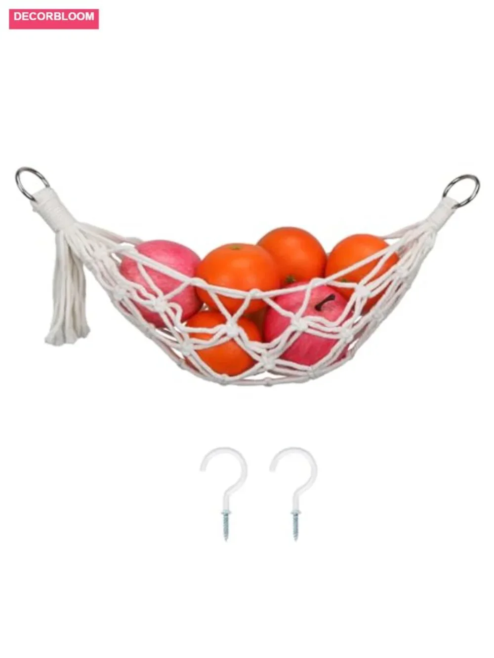 Hanging Fruit Hammock with Hooks, Hand-Woven Cotton Mesh Basket for Kitchen
